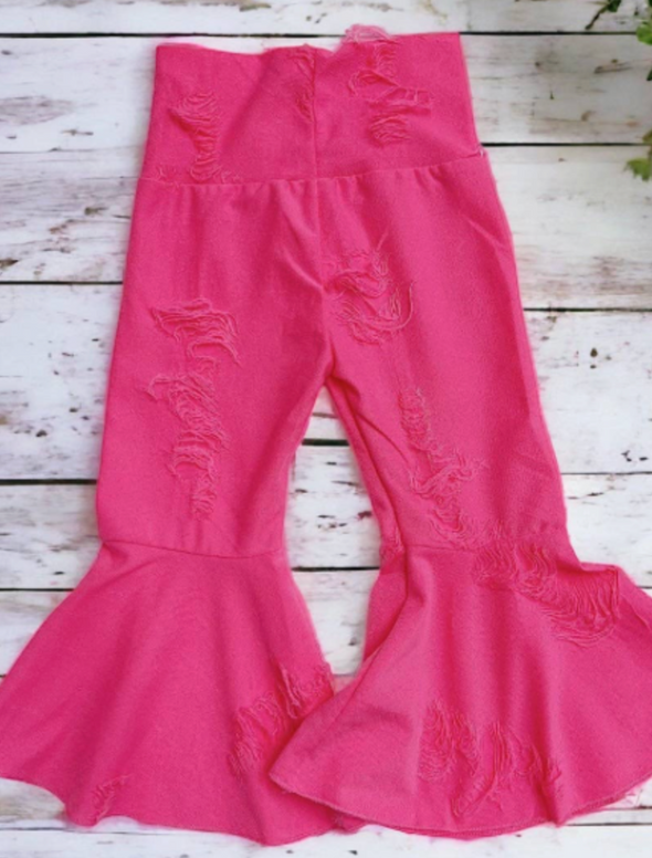 NEON PINK DISTRESSED BELL PANTS